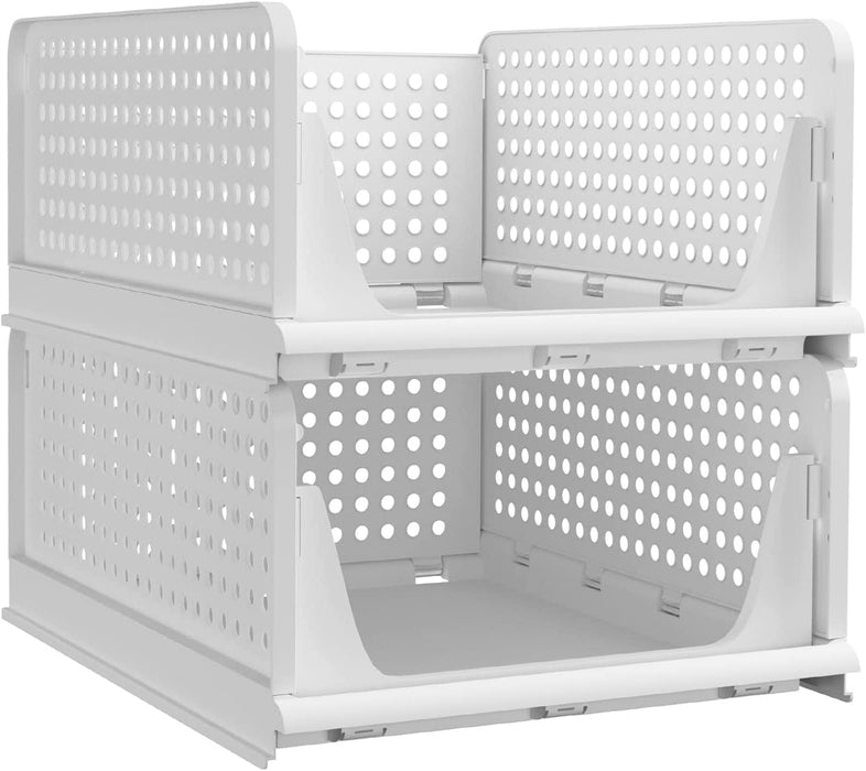 PINKPUM Stackable Plastic Storage Basket-Foldable Closet Organizers and Storage Bins 2 Pack-Drawer Shelf Storage Container for Wardrobe Cupboard Kitchen Bathroom Office