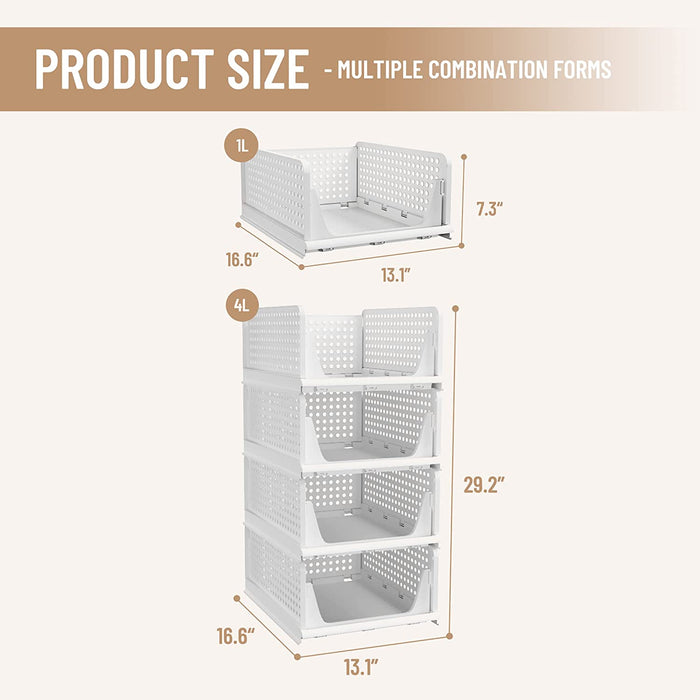 Pinkpum Stackable Plastic Storage Basket-Foldable Closet Organizers and  Storage Bins 4 Pack-Drawer Shelf Storage Container for Wardrobe Cupboard